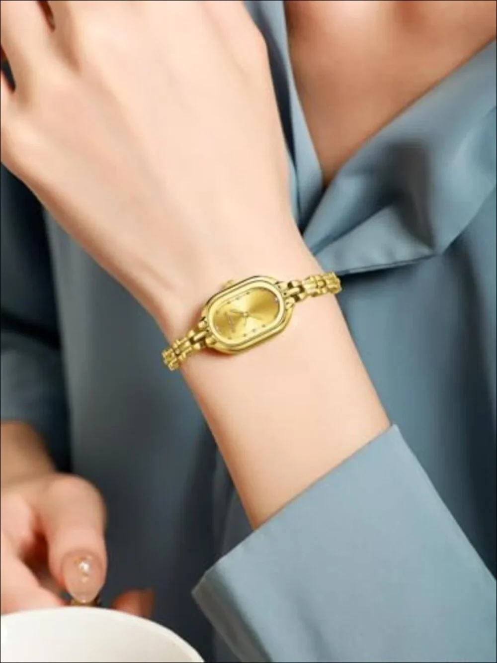 Vintage Petite Gold Bracelet Watch Oval Analog Quartz Luxury Rhinestone